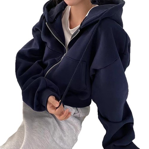Zip-up long sleeve hooded sweatshirt, loose casual minimalist trendy versatile solid color fashionable lazy feeling outerwear wholesale
