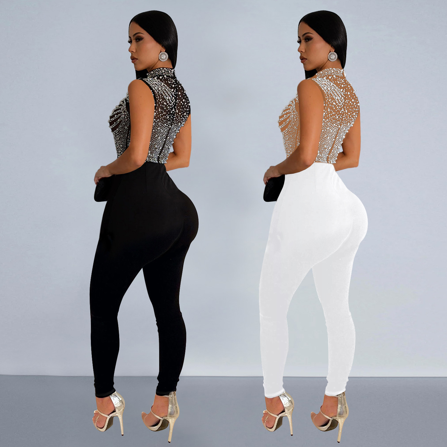C7168 Aliexpress transfronterizo Amazon Europa y América ropa de moda de mujer de color sólido malla de diamante pantalones nuevos monjes