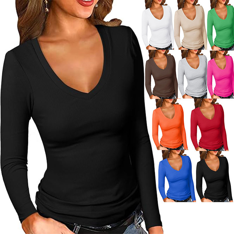 Cross-border Amazon Autumn Women's Rib V-neck Slim T-shirt European and American Basic Solid Color Long Sleeve Casual Top for Women Cross-border Amazon Autumn Women's Rib V-neck Slim T-shirt European and American Basic Solid Color Long Sleeve Casual Top for Women