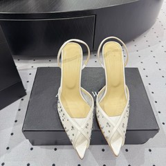 25 新しいフレンチポインテッドフィッシュマウスホットダイヤモンドメッシュレースハイヒールスティレットヒールセクシーな気質サンダル女性の妖精の靴
