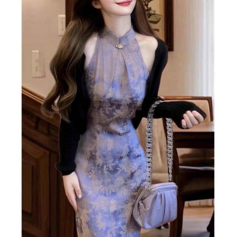New Chinese Style Purple Printed Dress for Women 2025 Early Summer New Chinese Style Halterneck Cheongsam Long Skirt