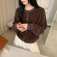 冬上新！韩系全羊毛高品质撞色复古百搭休闲圆领羊毛衫开衫女
