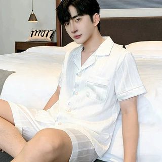 提花爱心男士睡衣夏季夏款冰丝绸家居服长短袖夏天可外穿男款套装