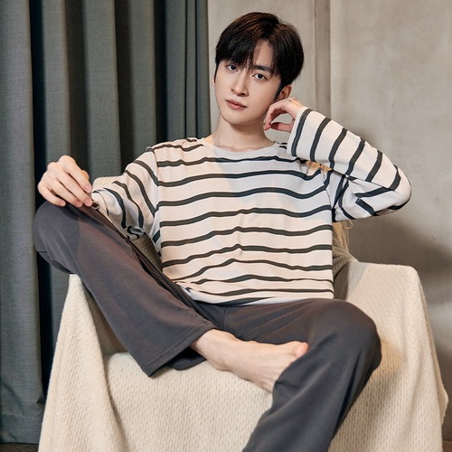 Spring and Autumn Striped Men's Long Sleeve Thin Loose Korean Style Casual Sports Milk Silk Home Suit Set