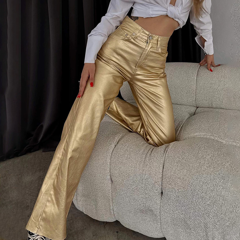 European and American 2023 Spring and Autumn Pocket Loose Wide Leg Retro Straight Gold and Silver Pants Trousers Personalized Women's Pants Cross-Border