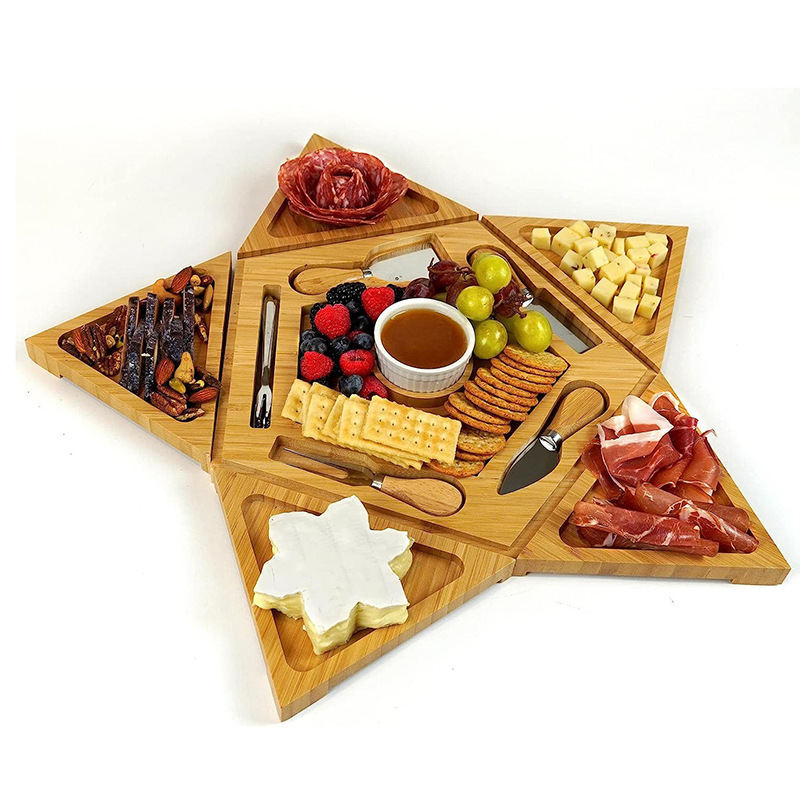 Tabla de cortar de bambú con cuchillos y tenedores creativos tabla de queso de fiesta casera conveniente snack plato de bocadillos
