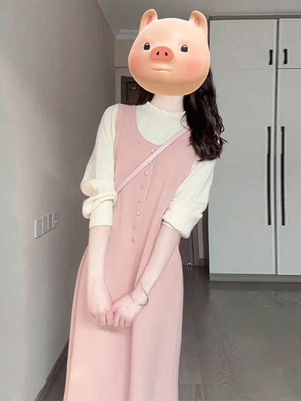 背心连衣裙子女早秋韩系穿搭粉色甜美春秋2025新款针织长裙两件套|undefined