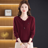 时尚v领秋冬新款羊毛针织羊毛衫中年妈妈长袖宽松百搭打底衫女，女装针织衫/毛衣，妃慕昵服饰