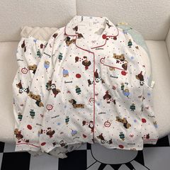 2025 新しい漫画クリスマス子犬パジャマ女性のための春と秋のクラウドコットン甘い長袖ホーム服は屋外で着用できます