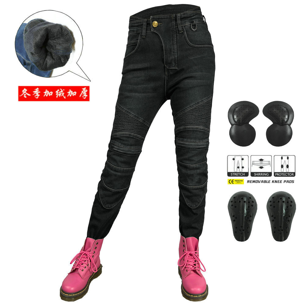 VOLERO motocicleta pantalones vaqueros de las mujeres de cintura alta de la motocicleta de montar pantalones de invierno de lana forrada a prueba de agua caliente anti-caída pantalones