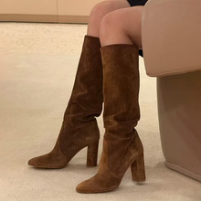 羊皮版~欧美风真皮粗跟不过膝高筒靴女百搭棕色美拉德高跟骑士靴