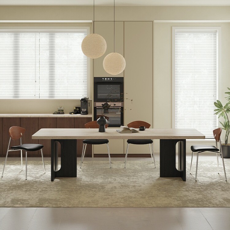 Designer French Retro Mid-Century Style Solid Wood Travertine Slate Dining Table Combination Home Rectangular Dining Table