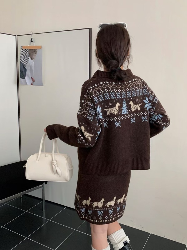费尔岛撞色提花开衫毛衣女2025秋冬新款宽松百搭针织半身裙两件套|undefined