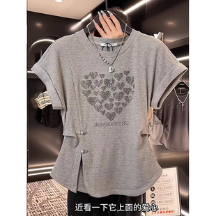 Summer plus size Cotton Split Pleated Tight Waist T-shirt New chubby girl Short-sleeved Slimming Flesh Covering Design Sense Top for Women