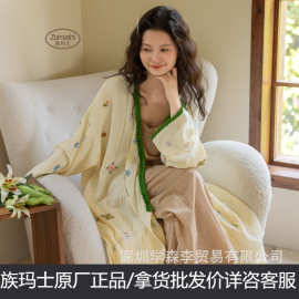 族玛士春夏睡袍女纯棉纱布复古风刺绣晨袍浴裙薄款斜襟家居服210