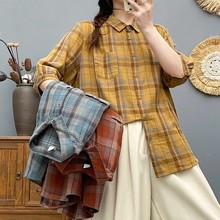 6681尖领中袖格子双层纱短袖衬衫 女夏季新款宽松显瘦中袖衬衣女