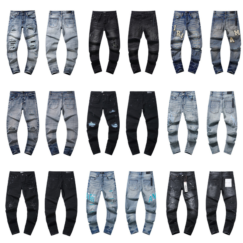 Cross-Border European and American Trendy Brand Am Embroidered Ripped Patch Casual Denim Pants Pu Unisex High Street Distressed Jeans