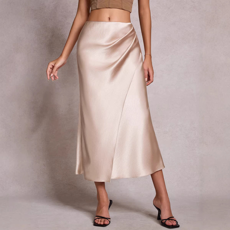 European and American 2026 Foreign Trade Amazon Tk New Style Pleated Satin Skirt with Elastic Waist, Solid Color, Elegant Bodycon Long Skirt