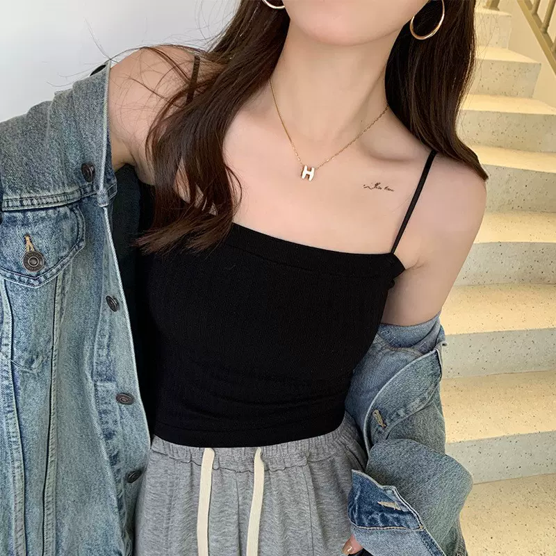 夏季美背吊带女带胸垫辣妹百搭外穿纯色条纹辣妹内搭打底抹胸背心