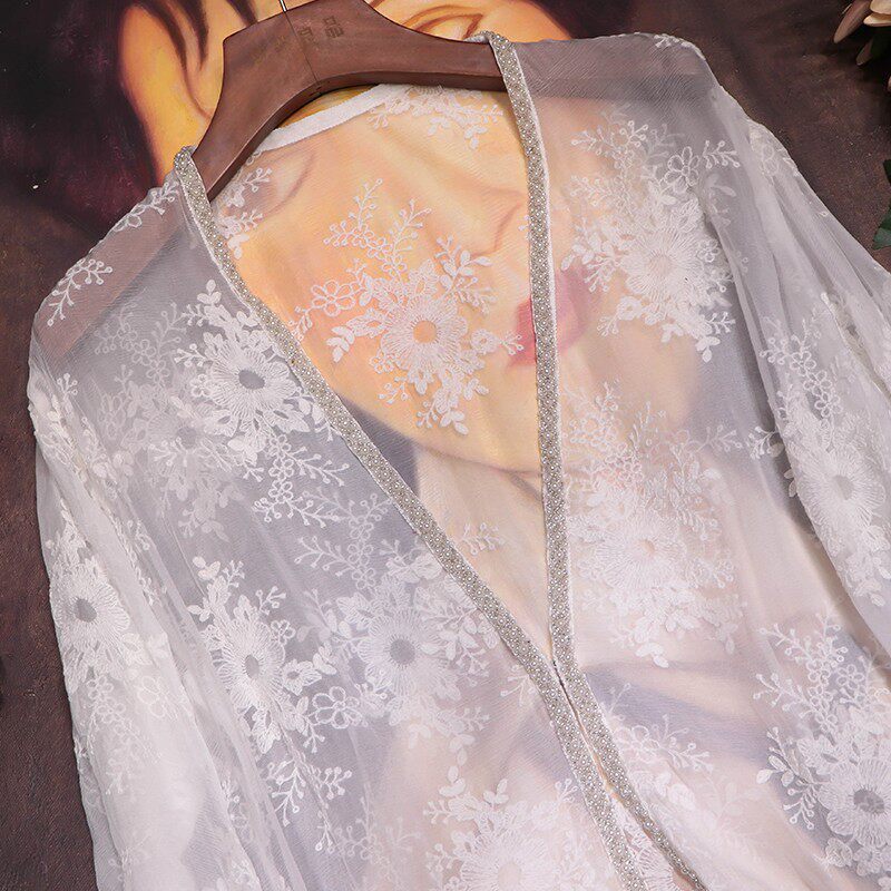 In Stock! Only She Can Pull Off This Elegant and Stylish Look! Exquisite Lace, Hand-Beaded, Lantern Sleeves, Silk Cardigan In Stock! Only She Can Pull Off This Elegant and Stylish Look! Exquisite Lace, Hand-Beaded, Lantern Sleeves, Silk Cardigan