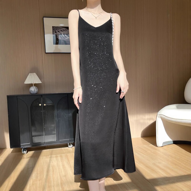 Acetate Satin Slip Dress for Women, V-Neck, Hand-Embroidered Long Dress, New Slim-Fit Long Dress, Over-The-Knee Silk Dress