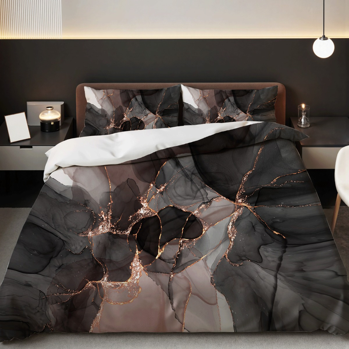 TEMU / JIT polvo oro mármol textura suave molienda impresión digital kit de colcha se puede ajustar