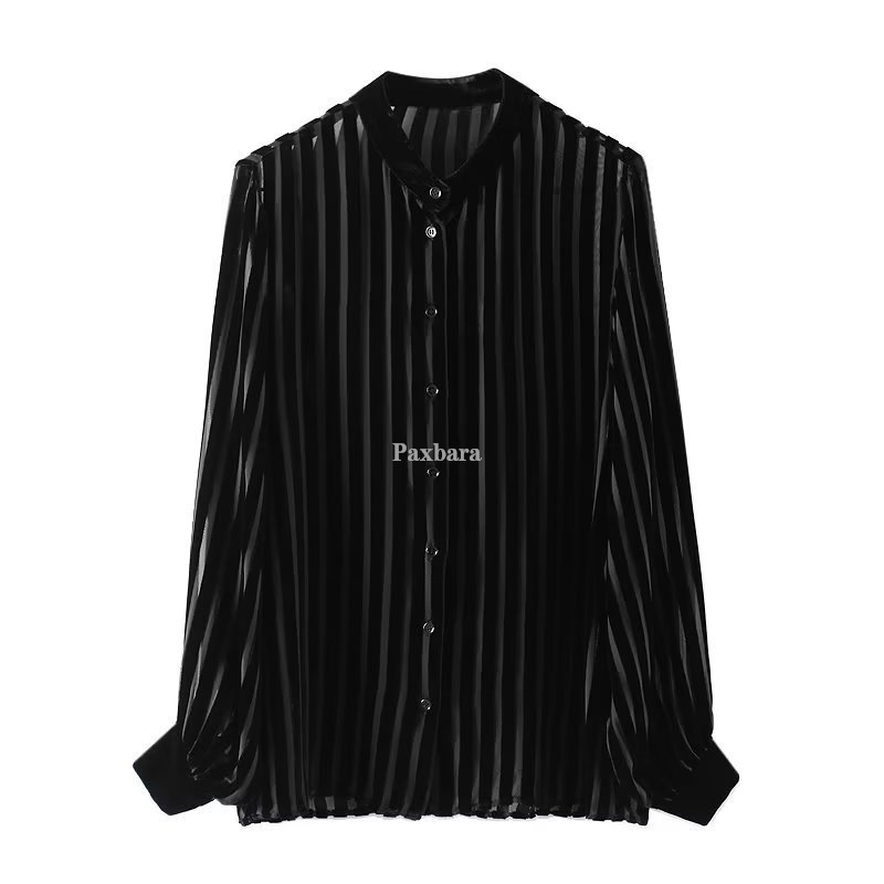 2024 Spring New European and American Cross-border Women's Slightly See-through Stripesd Shirt Amazon Velvet Shirt 9390109