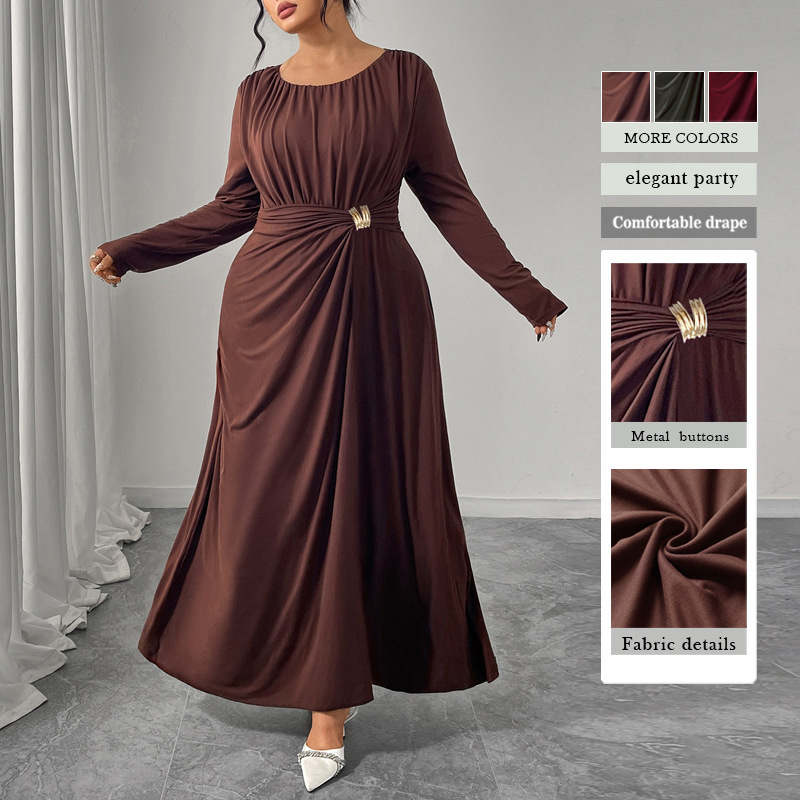 Aliexpress Autumn and Winter New Coffee Color Dress European and American Plus Size Women's Round Neck Long Sleeve Waist Design Pleated Long Skirt Aliexpress Autumn and Winter New Coffee Color Dress European and American Plus Size Women's Round Neck Long Sleeve Waist Design Pleated Long Skirt