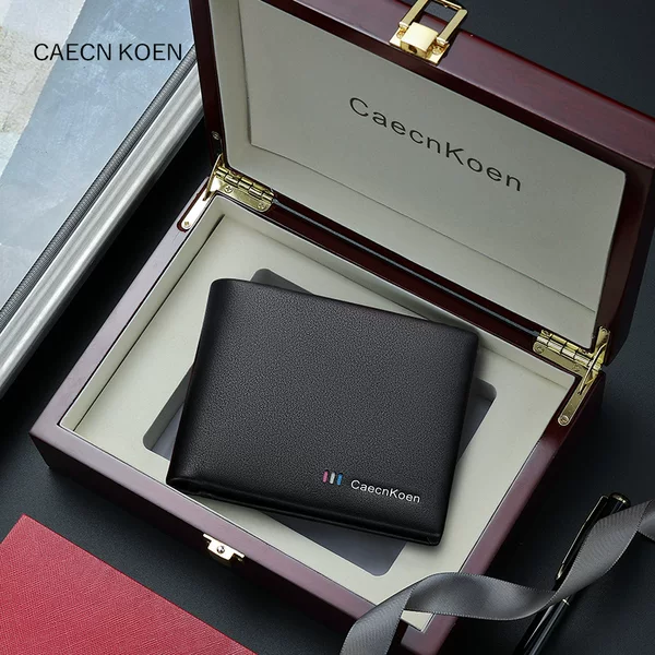 caecnkoen men's wallet genuine leather horizontal short first layer cow card holder wallet gift box for boyfriend husband