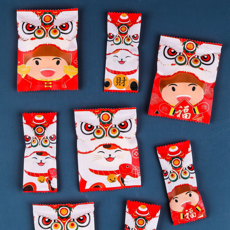 Año Nuevo copo de nieve crujiente bolsa de embalaje hecho a mano merienda bolsa de embalaje para hornear León danza gato nougat máquina de dulces bolsa de sellado