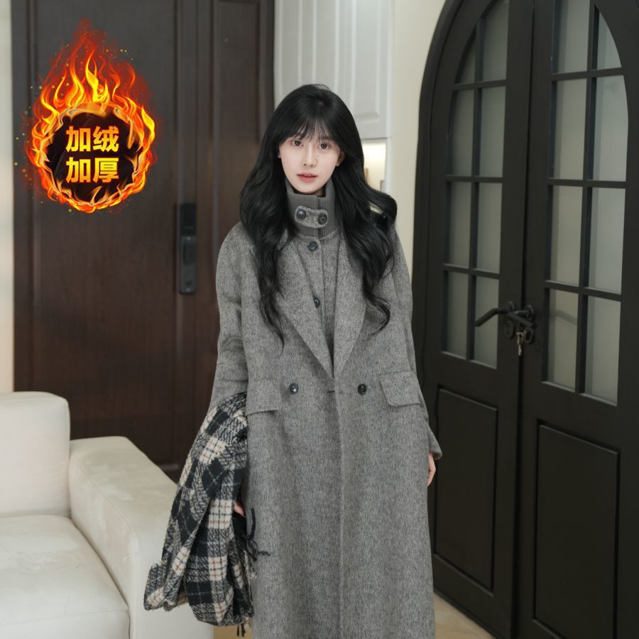 秋冬新款针织立领毛呢外套马甲套装女宽松韩版中长款显瘦加绒大衣