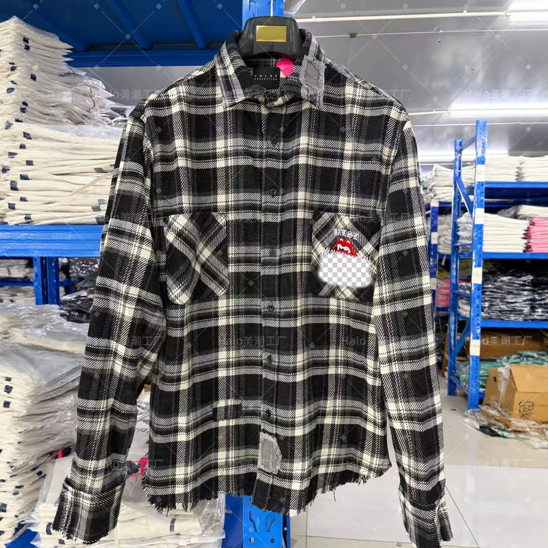 Falseperception Patchwork Embroidery Black Plaid Shirt Heavy Craft 720g