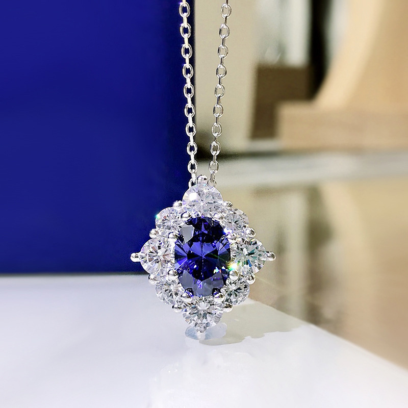 Collier pendentif fleur en zircon bleu exquis pour femme élégante_voghion.com