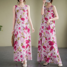 2023年夏季新款简约波西米亚圆领印花中长款无袖连衣裙女#8616