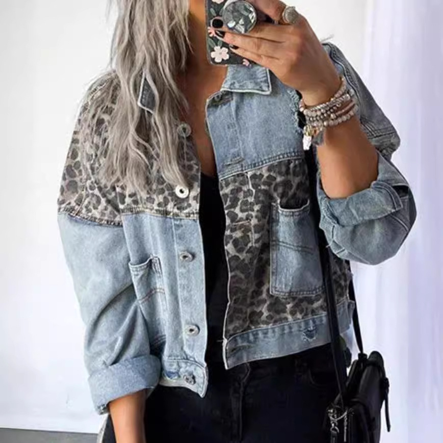 525g Weight Puffer Jacket Outerwear Type Long Sleeve Sleeve Length Single Breasted Placket Type Denim Fabric Type Women's Casual Streetwear Color Block Leopard Single Breasted Coat Puffer Jacket