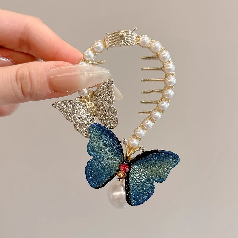 Nuevo estilo chino mariposa botón de cabello para mujeres de alta calidad flores de perla clips de cola de caballo lujoso clips de agarre de cabeza posterior falda de caballo adornamiento para el cabello