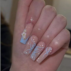 歐美穿戴甲美甲貼成品藍蝴蝶法式立體花瓣指甲片跨境外貿假指甲片