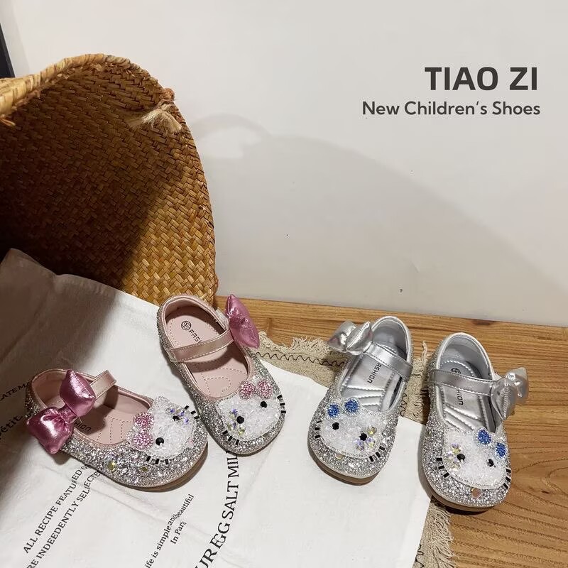2026 Autumn New Fashion Girls' Sequin Bow Mary Jane Princess Shoes, Toddler Soft Sole Rhinestone Cat Flats