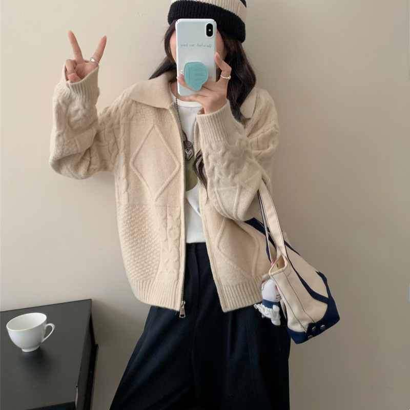 韩系复古麻花翻领拉链毛衣女秋冬新款慵懒风宽松厚实针织开衫外套|undefined