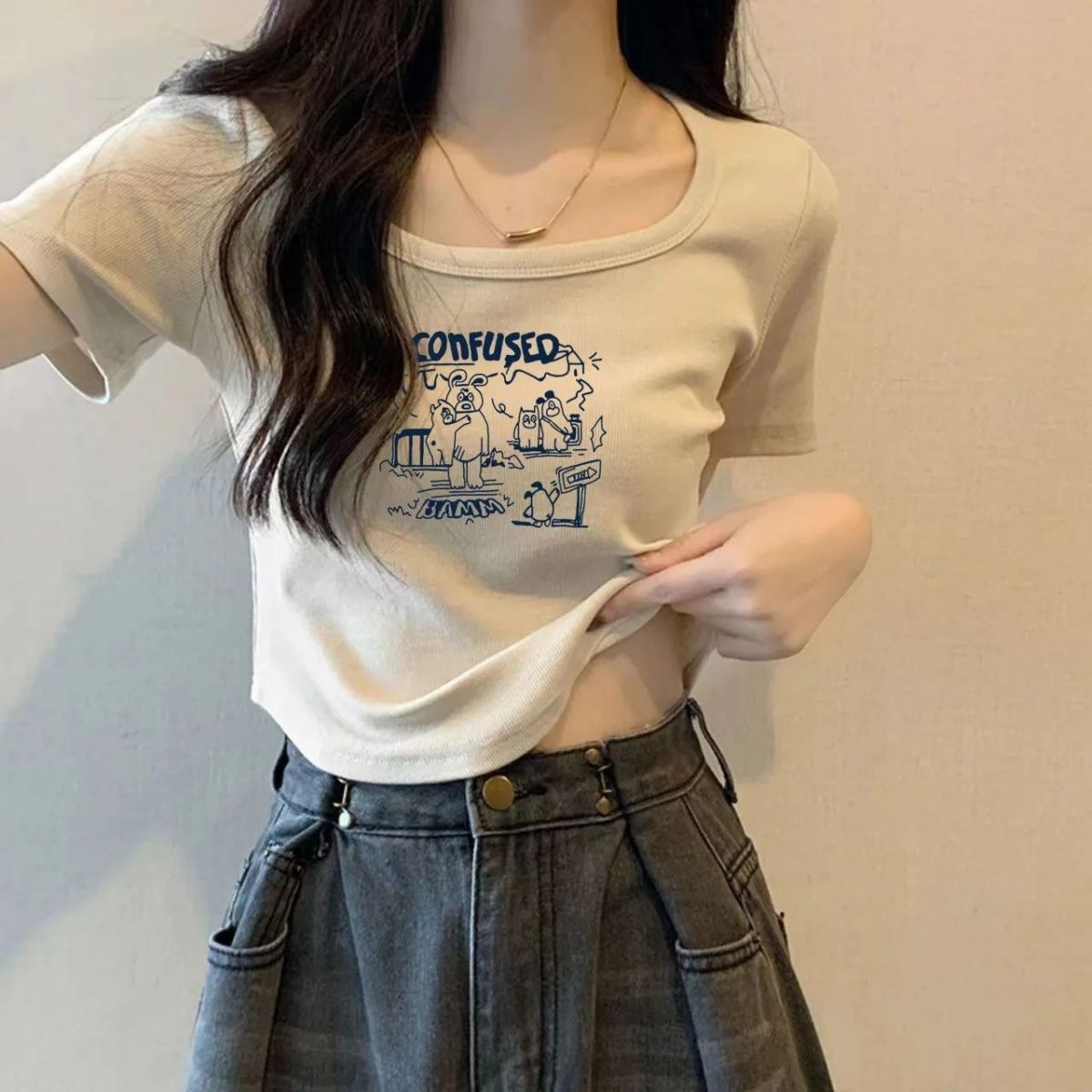Square Neck Right Shoulder T-Shirt Fat mm Short Top American Style T-Shirt Fashionable Slimming Look Slimming Look Irregular Shirt Ins