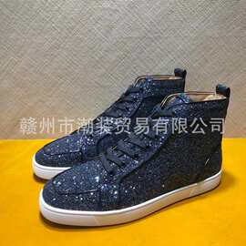 cl andgz男鞋深蓝色闪粉高帮红底鞋女鞋光面运动板鞋休闲情侣鞋潮