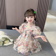 韩版小童裙子23夏季女宝宝洋气甜美立体面料公主裙礼服纱裙连衣裙