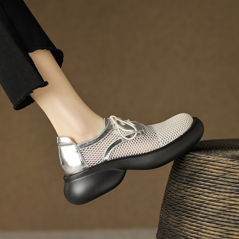 Summer 2023 New Genuine Leather Platform Mesh Lace-up Loafers Women's Casual Wedge Platform Bottom Breathable Silver Single-layer Shoes