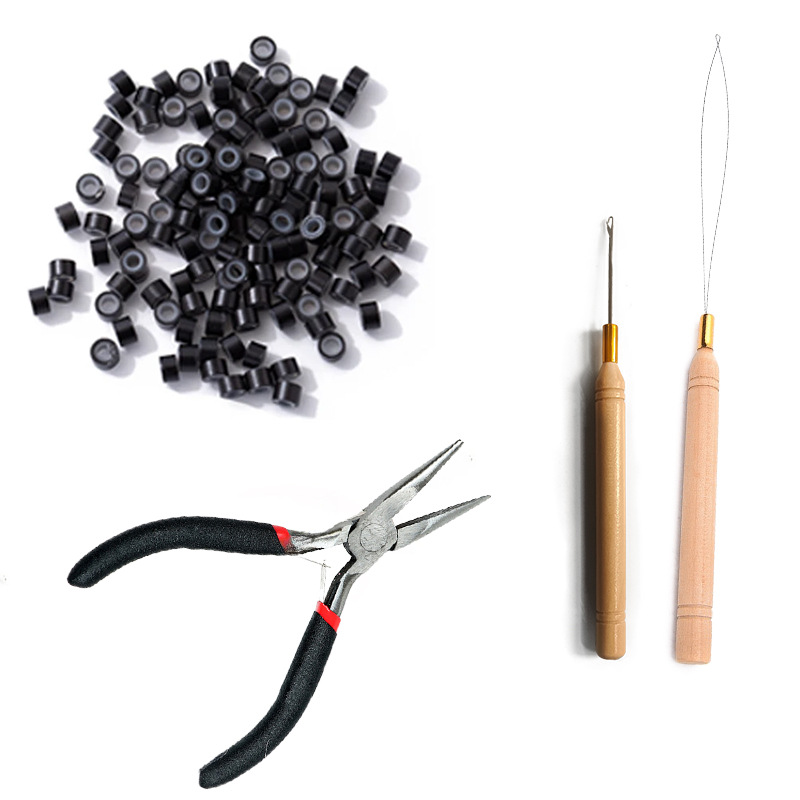 검은 펜치 + 크로 셰 뜨개질 후크 + 비드 스트링거 + 헤어 익스텐션 링