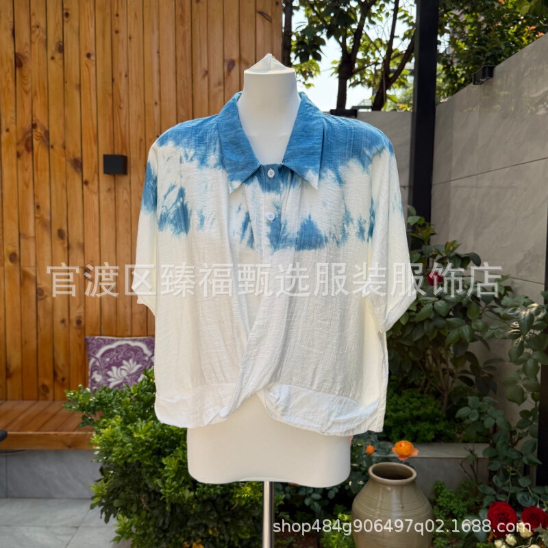 Hand-dyed blue and white loose casual square-neck short-sleeve pullover shirt blouse travel women's clothing wholesale Hand-dyed blue and white loose casual square-neck short-sleeve pullover shirt blouse travel women's clothing wholesale