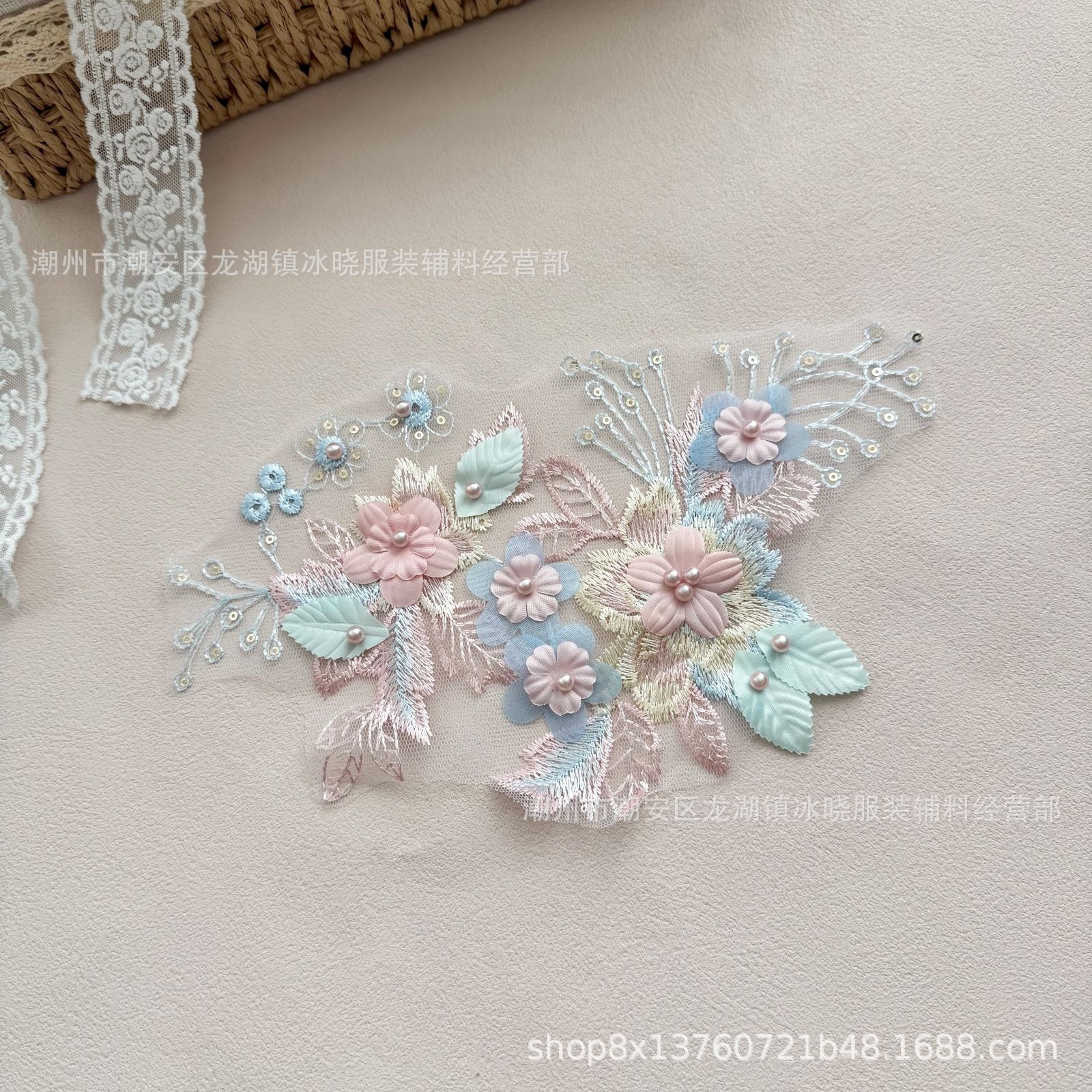 新款电脑刺绣玫瑰花片   重工压叶钉珠钉钻  汉服diy饰品配件辅料