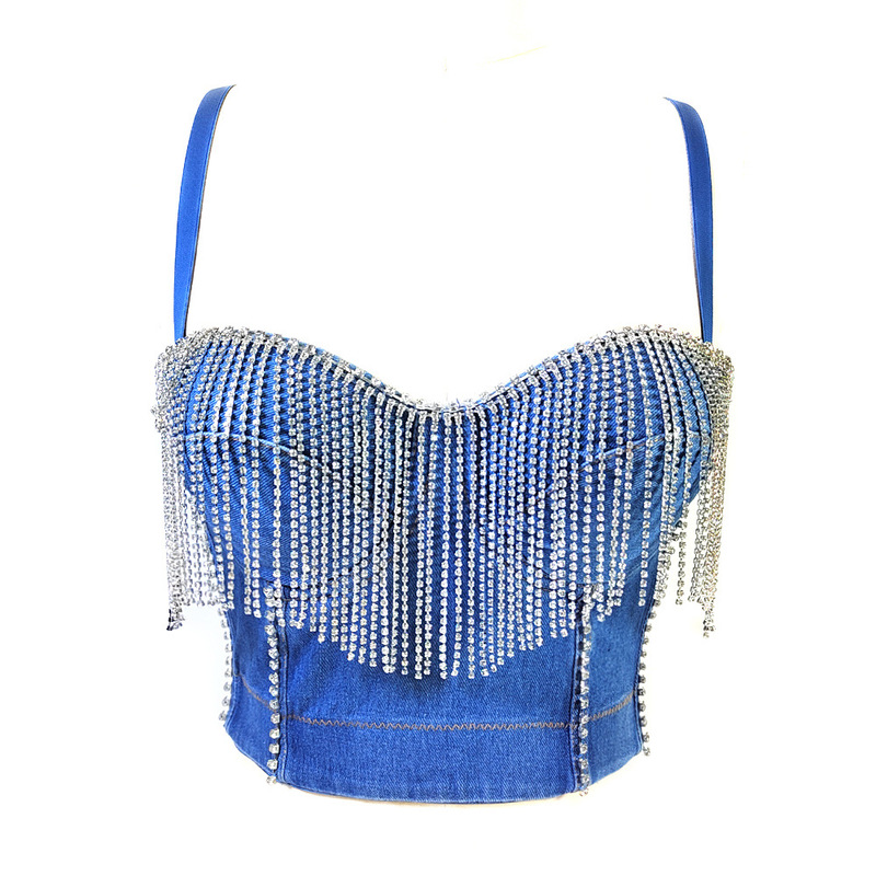 European and American Amazon cross-border Carnival nightclub Denim strap outer wear rhinestone beaded Fishbone corset tassel wrapped chest