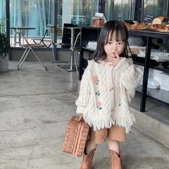 2023 Autumn New Korean Style Hooded Fringe Flower Embroidered Knit Sweater for Little Girls