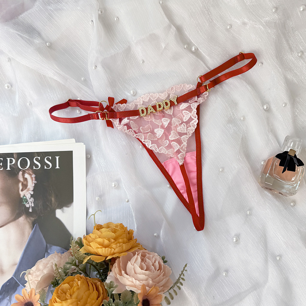 Transfronterizos europeos y estadounidenses sexy de encaje de diamante letras ajustable de cintura baja thongs transparente sexy vacío ropa interior de mujer