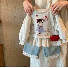 女童春秋卫衣套装宝宝2026儿童卡通新款洋气花边牛仔裤两件套现货